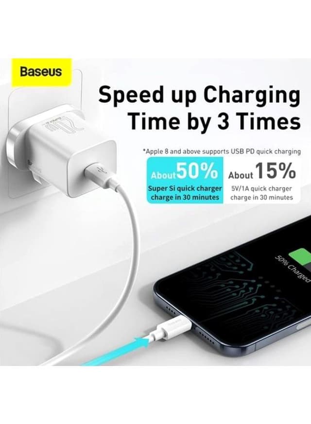 Baseus Super Si 1C PD Fast Wall Charger with Type C To Lightning Cable 0.49*0.42*0.67meter White