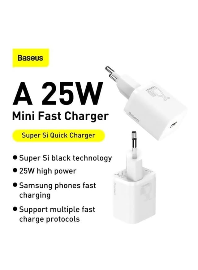 Baseus Super Si Quick Charger 25W Wall Charger with Type-C to Type-C Cable White