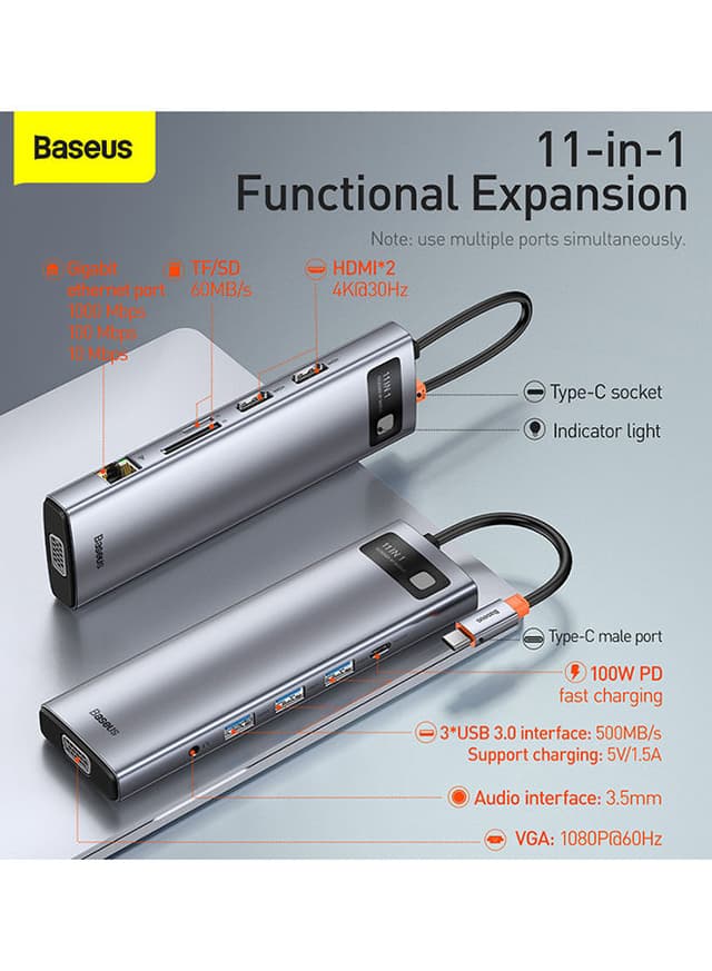 Baseus 11-In-1 Multifunctional Metal Gleam Series Type-C Hub Docking Station Space Grey
