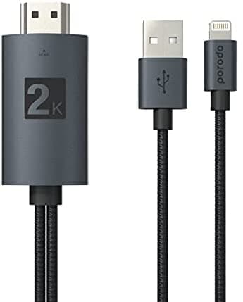 وصلة بروجكتر للايفون 2 متر تدعم 2K Porodo Braided 2K HDMI to Lightning Cable