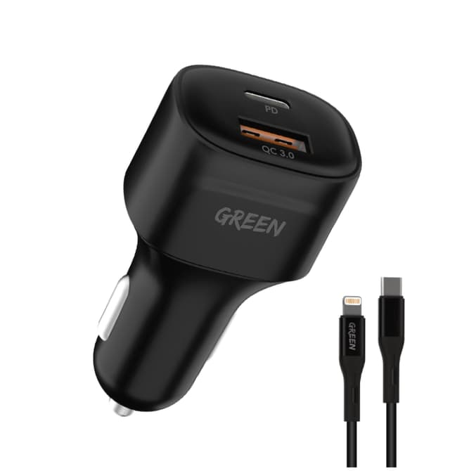Green Lion Green Dual Port Car Charger PD+QC3.0 20W with PVC Type-C to Lightning Cable 1.2M - Black