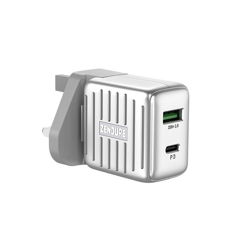 شاحن زندور بمخرجين بقوة 20 واط لون فضي SuperPort wall charger 2-Port PD 20W - Zendure