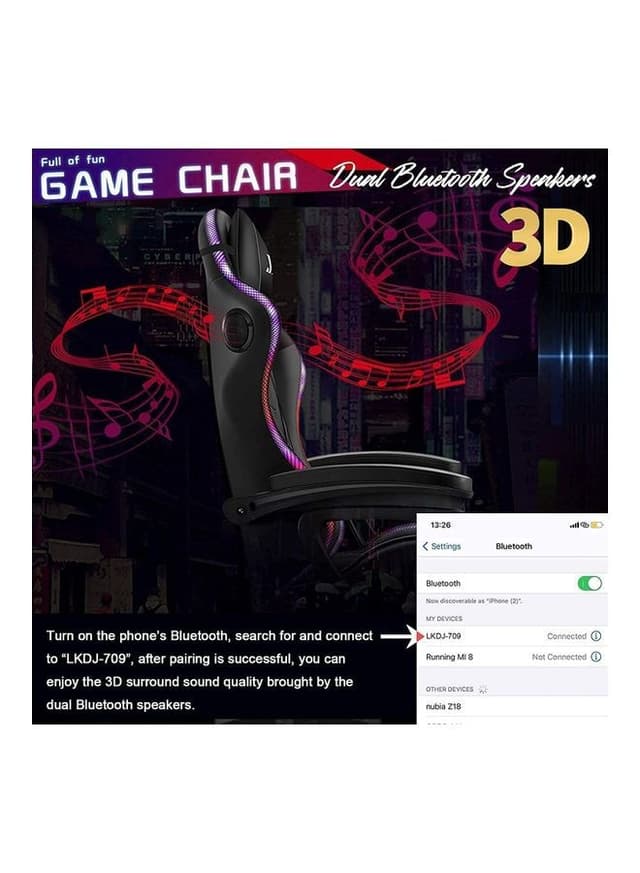 كرسي قيمنق مع اضاءة ليد و سبيكر بلوتوث ومساج LED Light Gaming Chair With Bluetooth Speaker Multicolour - Cool baby