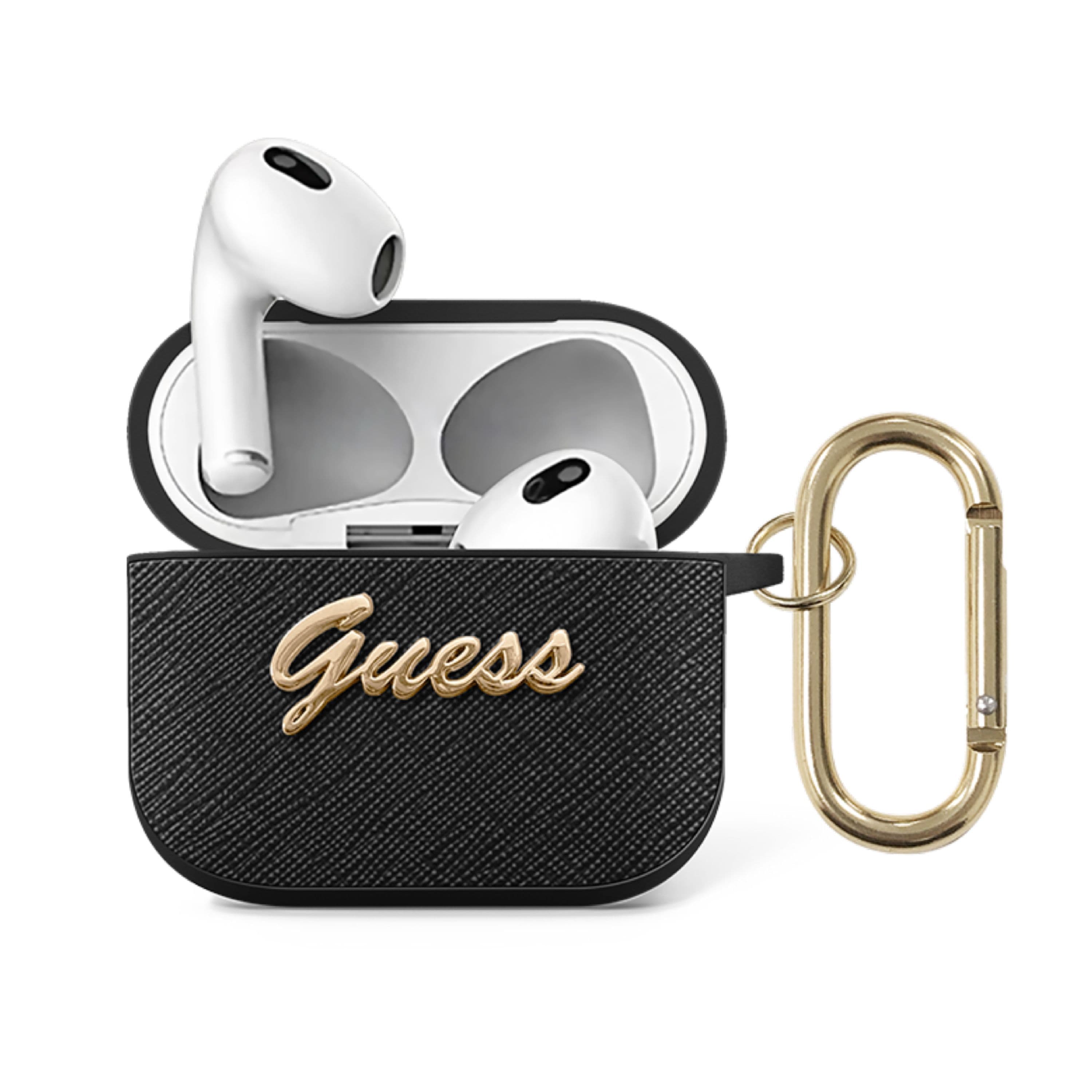 Guess PU Saffiano Case with Script Metal Logo for Airpods 3 - Black