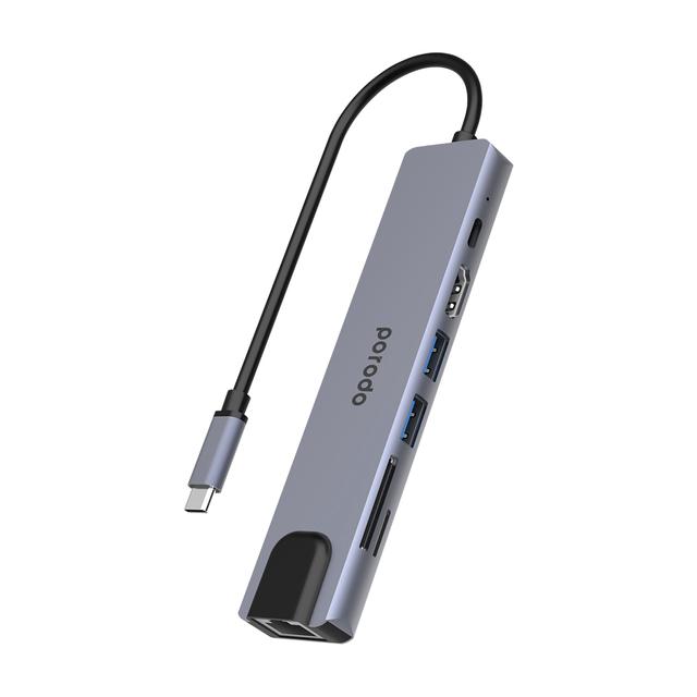 Porodo 7 in 1 Aluminum USB-C Hub 4K HDMI PD 100W - Gray - SW1hZ2U6MzU3MzI0