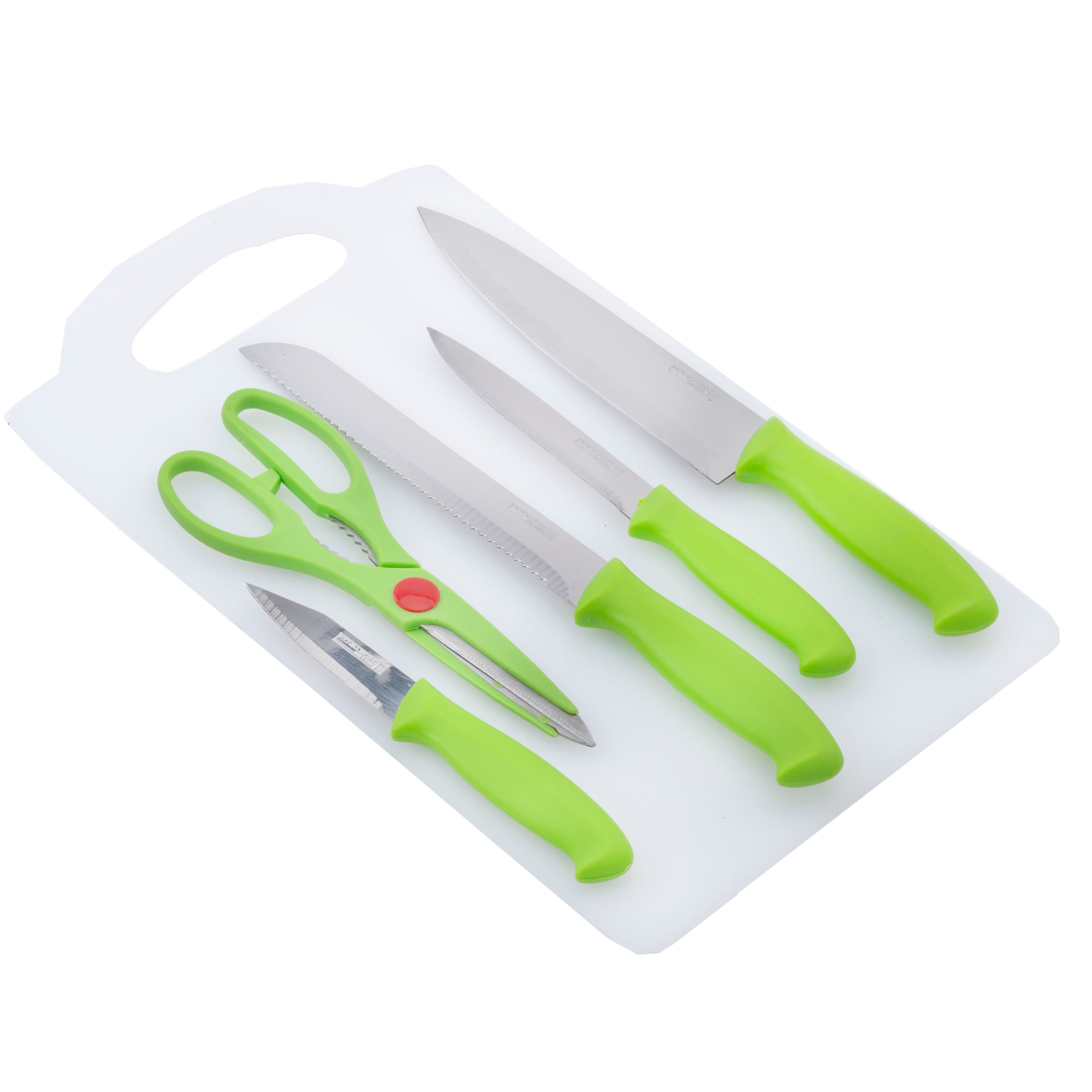 مجموعة ادوات مطبخ ستانلس ستيل 6 قطع اخضر ابيض رويال فورد Royalford Stainless Steel 5 Knife Set With Cutting Board - All-In-One Solution For Your Kitchen Need