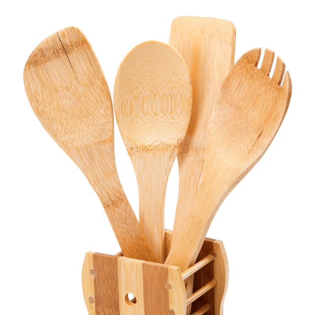 Royalford 5 Pcs Carbonized Bamboo Kitchen Tools - Turner, Spaghetti, Slotted Turner & Spoon Kitchen - 171254