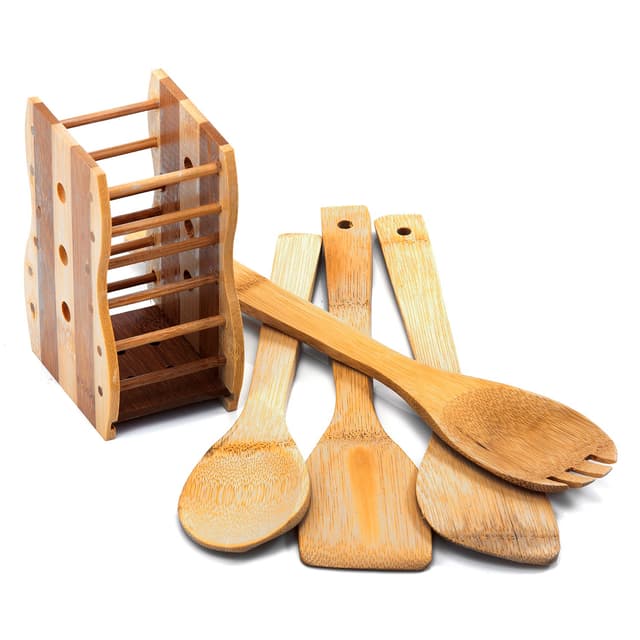 Royalford 5 Pcs Carbonized Bamboo Kitchen Tools - Turner, Spaghetti, Slotted Turner & Spoon Kitchen - 171253