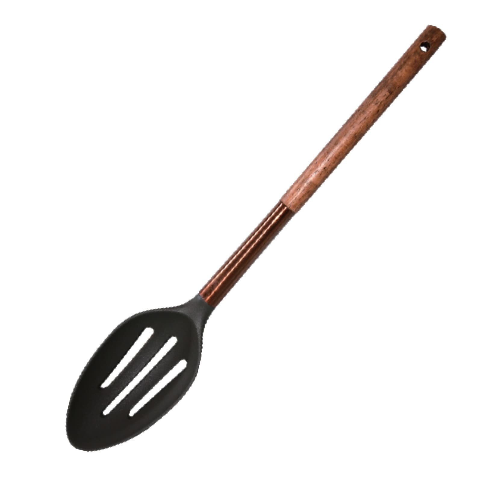 Royalford Nylon Spaghetti Spoon Woodn Hndle - Heat,Stain and Odour Resistant - Extra-Long Handle - Anti-Scratch Head - Hanging Loop - Comfortable & Non-Slip Grip - Drain Holes