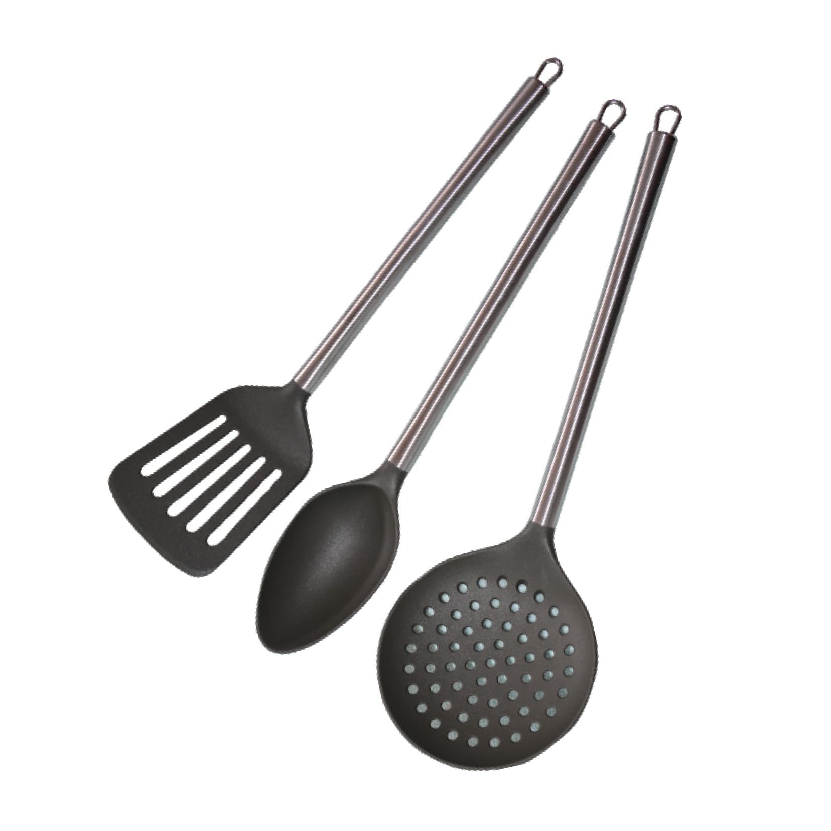 Royalford 3Pc NylonKitchenTool Set SS Handle - Slotted,Serving,Frying Spoon - Heat,Stain and Odour Resistant - Extra-Long Handle - Anti-Scratch Head - Hanging Loop - Comfortable Grip