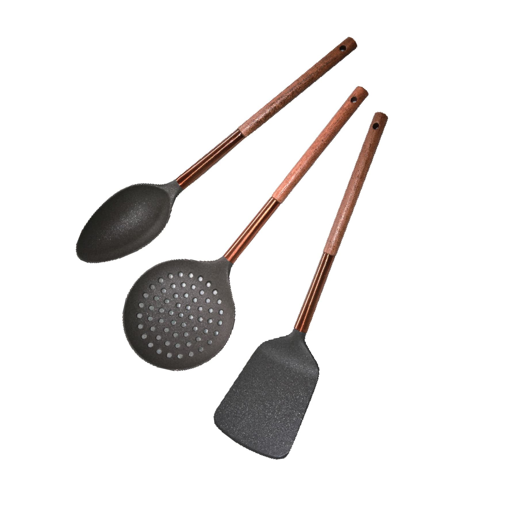 Royalford 3 Pcs Nylon Kitchen Tool Set With Wooden Handle - Slotted,Serving,Frying Spoon - Heat