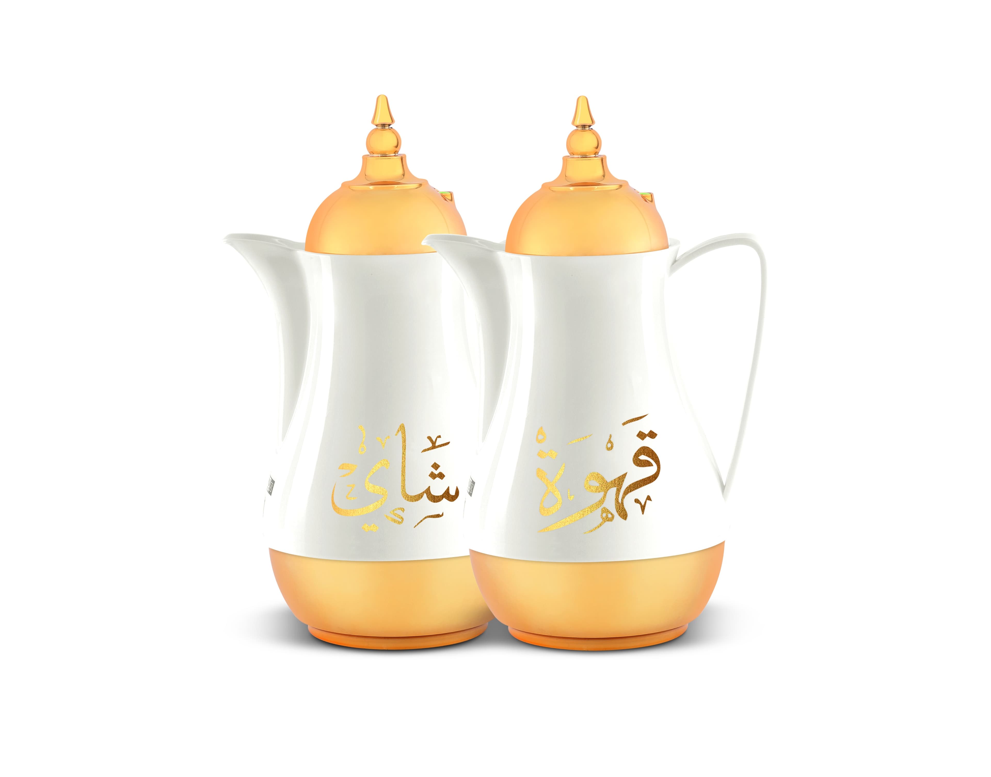 دلة قهوه صغيره عدد 2 1 لتر أبيض وذهبي رويال فورد Royalford White And Gold 1L 2 Pieces Vacuum Flask