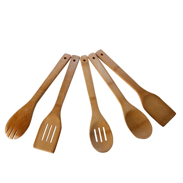 Royalford 5 Pcs Bamboo Kitchen Tools Set - Wooden Solid Turner,Spatula,Slotted Spoon & Turner - 177155