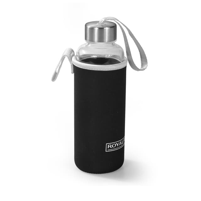 Royalford 500Ml Glass Water Bottle With Neoprene Bag - Portable Steel Cap Lead-Free, Travel Flask
