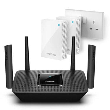 راوتر رباعي الأقطاب مع جهازيّ بث لاسلكي  Linksys MR8300 Tri-Band Mesh WiFi Router & 2 Velop Plug-In