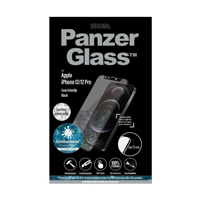 PanzerGlass Swarovski Edition iPhone 12 / 12 Pro Screen Protector - Edge-to-Edge Tempered Glass w/ Anti-Microbial & Real Swarovski Crystal Cam Slider, Case Friendly & Easy Install - Clear w/ Black Frame - SW1hZ2U6MzU4OTAx
