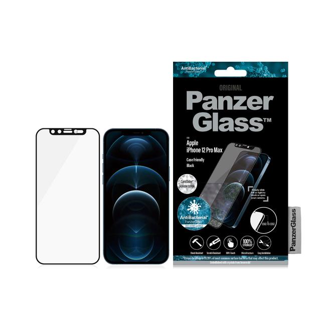 PanzerGlass Swarovski Edition iPhone 12 Pro Max Screen Protector - Edge-to-Edge Tempered Glass w/ Anti-Microbial & Real Swarovski Crystal Cam Slider, Case Friendly & Easy Install - Clear w/ Black Frame - SW1hZ2U6MzU4OTA2
