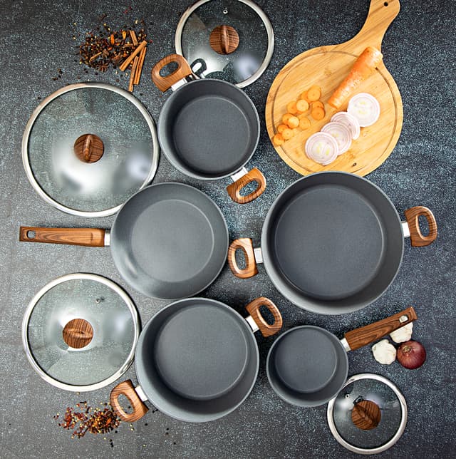 Royalford Aluminium Casserole Cookware Set with Glass Lids 9Pcs | Induction safe Pots & Pans with Non-Stick Marble Coating | Stock Pots with Tempered Glass Lid & Strong Wooden Handles -