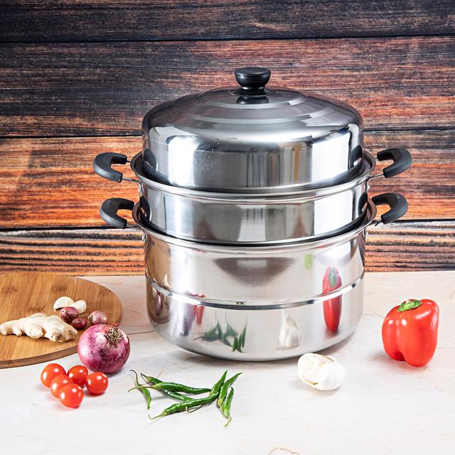 Royalford 3 Layer Stainless Steel Steamer 9L - Steamer Pot, Heat Resistant with Durable & Comfortable Handles | Dishwasher Safe | Compatible on Induction, Gas, Hot Plate, Ceramic Plate & More - SW1hZ2U6Mzk1MTM1