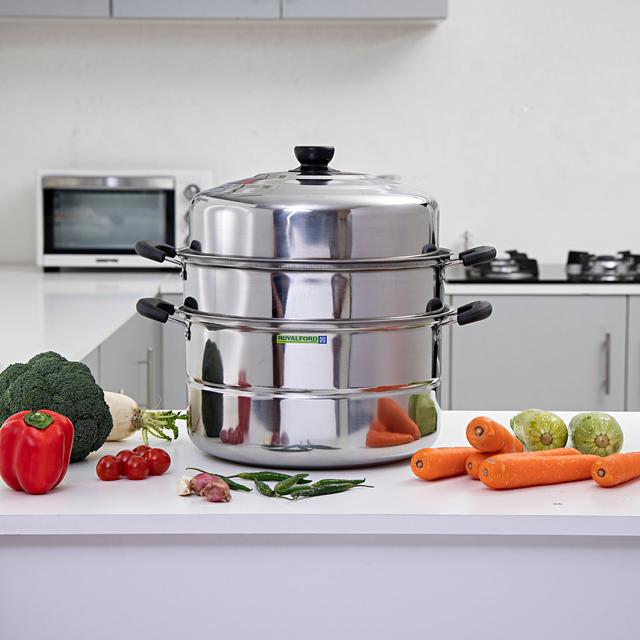 Royalford 3 Layer Stainless Steel Steamer 9L - Steamer Pot, Heat Resistant with Durable & Comfortable Handles | Dishwasher Safe | Compatible on Induction, Gas, Hot Plate, Ceramic Plate & More - SW1hZ2U6Mzk1MTM5