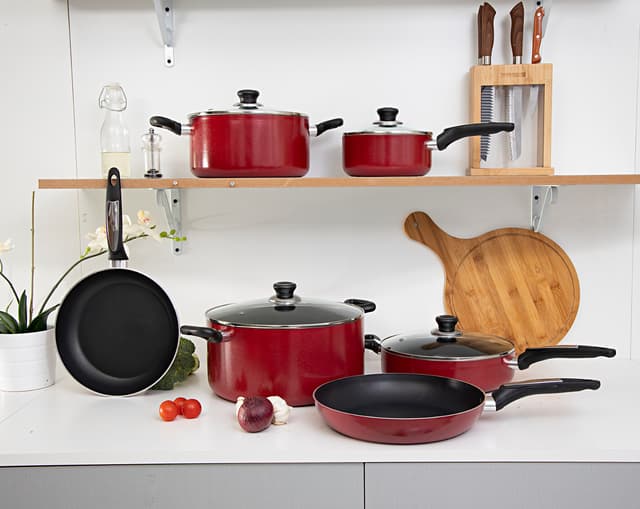 Royalford 10 Pcs Aluminum Non-Stick Cookware Set - Portable Cool Touch Handle Heat Resistant Handles