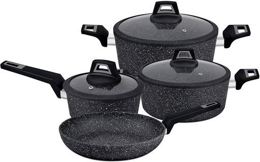 Royalford Chef Art Aluminium Cookware Set, 7 Pieces, Black, Scratch Resistant, Tempered Glass Lids - SW1hZ2U6Mzg5MTcx