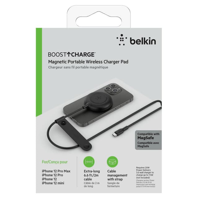 شاحن لاسلكي مغناطيسي - 7.5 واط - أسود - Magnetic Wireless Charger Pad 7.5W - MagSafe Compatible, Safe and Secure - Belkin