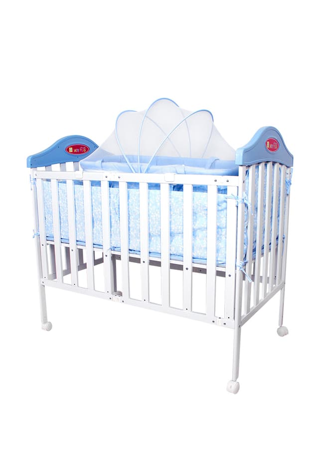 سرير للأطفال أزرق مع ناموسية Wooden Bed With Cradle And Mosquito Net - Baby Plus