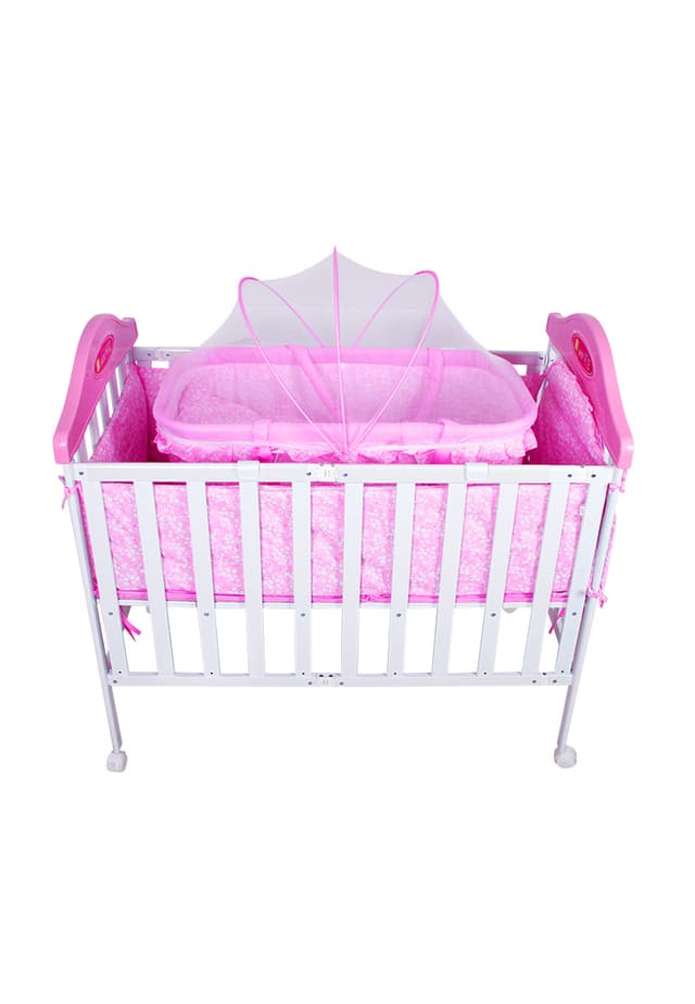 سرير للأطفال زهري مع ناموسية Wooden Bed With Cradle And Mosquito Net - Baby Plus