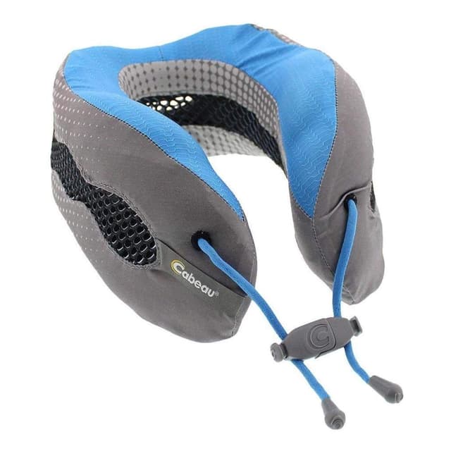 وسادة رقبة قابلة للتعديل مع حقيبة اسفنجية - رمادي وأزرق Memory Foam Evolution Travel Pillow - Stitches and Mini Grey Dots - Cabeau