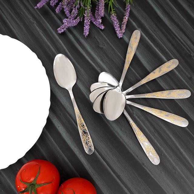 Delcasa Desert Spoon - 6 Pcs S/S -Stainless Steel - Golden Pattern Cutlery, Long Grip Handle - SW1hZ2U6NDI1MDcw