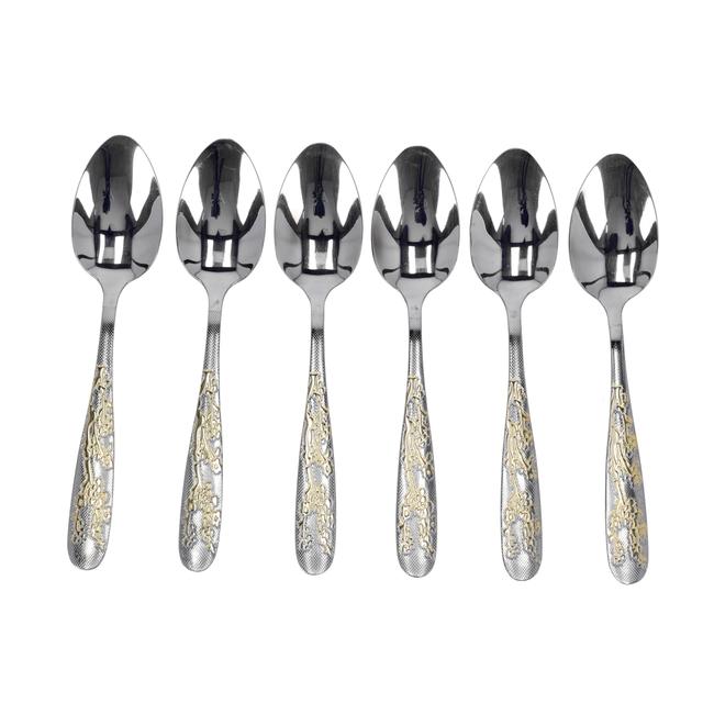 Delcasa Desert Spoon - 6 Pcs S/S -Stainless Steel - Golden Pattern Cutlery, Long Grip Handle - SW1hZ2U6NDI1MDc0