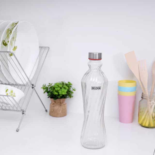Delcasa 1000Ml Glass Water Bottle - Portable Cap - Lead Free Water Bottle, Travel Flask