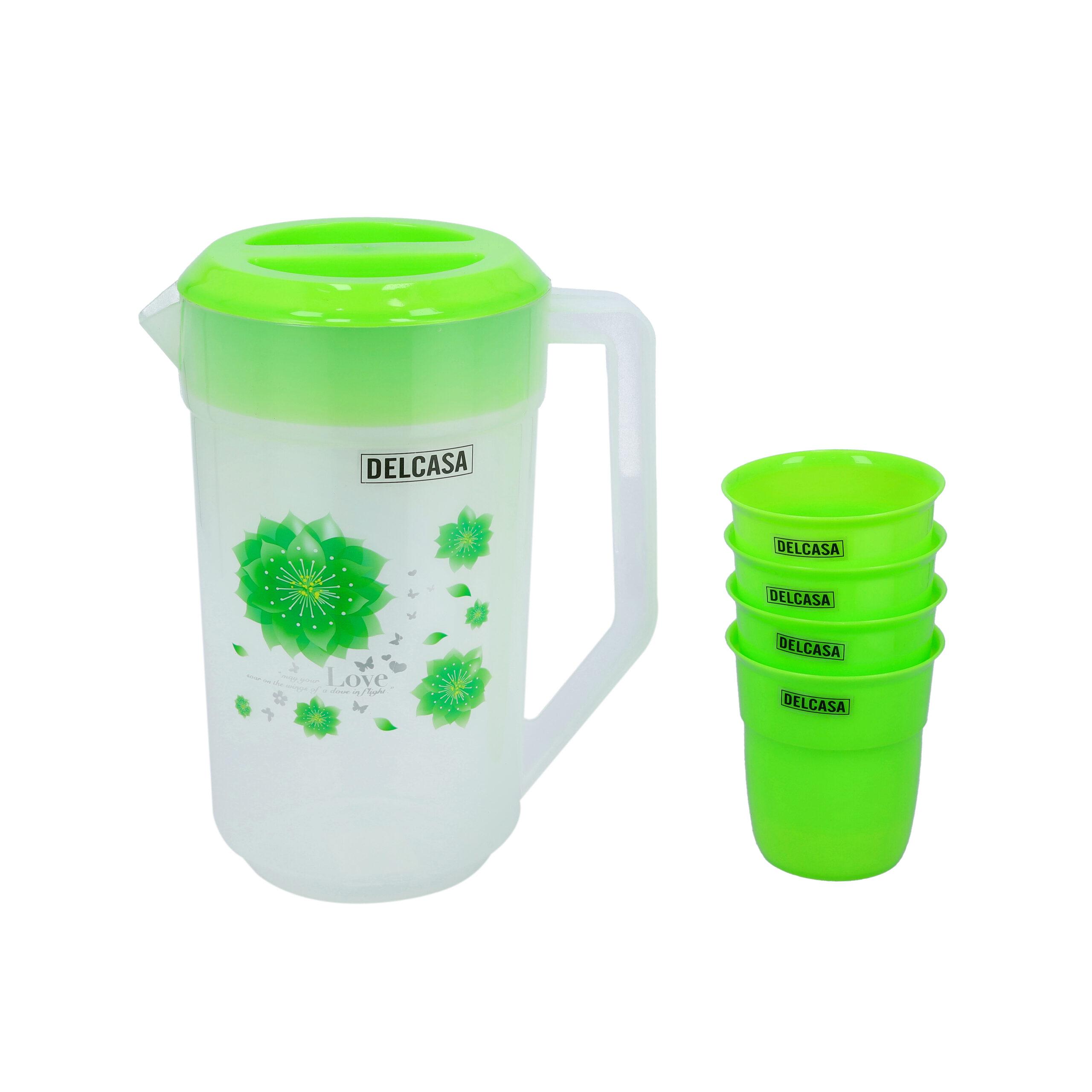 Delcasa DC1454 2.3 Litre Water Jug with 4 Glasses - Portable Multi-Purpose Jug with Lid for Water Picnic Juice, Durable Plastic, Spill-Proof Lid | Household, Club, Pub, Bar, Coffee Shop, Res