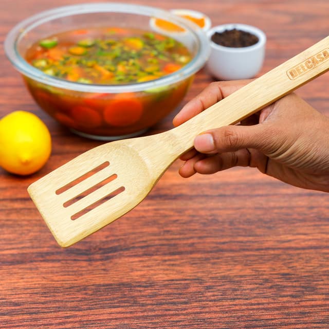 Delcasa Bamboo Slotted Turner,100% Natural Bamboo,DC2097 | Resist High Temperature & Corrosion | Won't Scratch Your Pots & Pans | Bamboo Spoon can be used for Flipping,Frying,Serving,Cooking - 185863