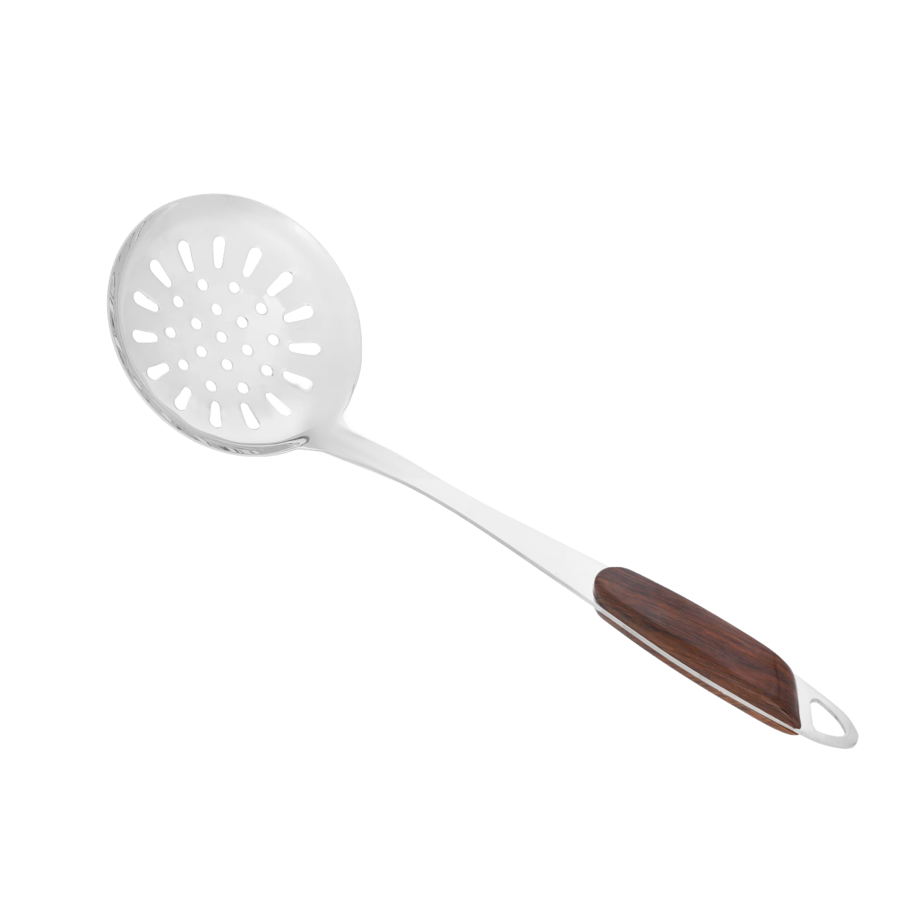 Delcasa Stainless Steel Skimmer With Wood Finish Handle,DC2148 | Built-In Hang Hole & Comfortable Grip Handle | Durable Food Grade Strainer Spoon For Draining & Frying | Dishwasher Safe