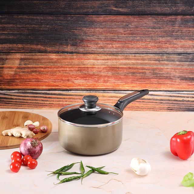 Royalford 20Cm Non-Stick Enamel Aluminium Saucepan With Glass Lid - Portable Cool Touch Handle - SW1hZ2U6MzgwODYw