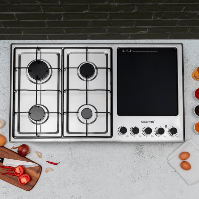 بوتاجاز غاز بلت ان مسطح 4 شمعات وسطح تسخين Geepas Stainless Steel Built-In Gas Electric Hot Plate Hob - 186139