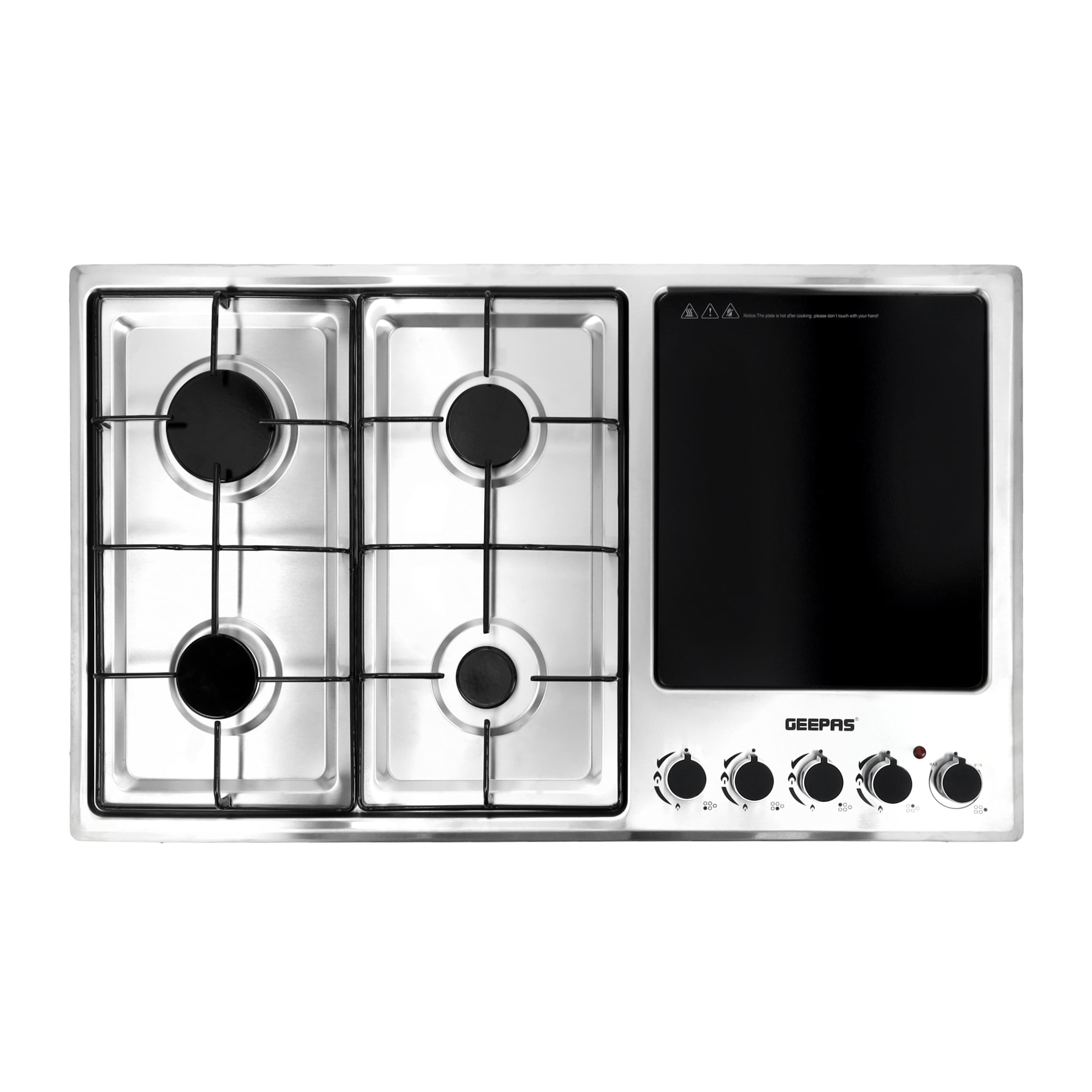 Geepas Stainless Steel Built-In Gas Electric Hot Plate Hob,GGC31036 | 4 Burners & 1 Hot Plate | LPG Gas Type & Auto Ignition System | Metal Knob | Cast Iron Pan Support