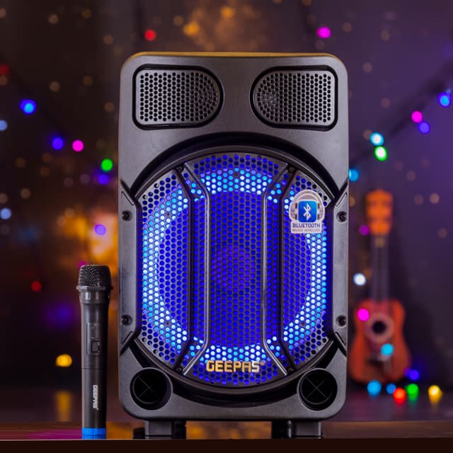 Geepas Portable And Rechargeable Speaker,GMS11167 | BT/FM/USB/SD Card/ TWS | Remote Control | LED Disco Light | Wireless Microphone & AUX Input | 7.4V/1800mAh Lithium Battery - 180433