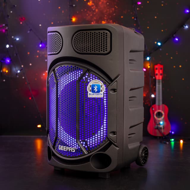 Geepas Portable And Rechargeable Speaker,GMS11167 | BT/FM/USB/SD Card/ TWS | Remote Control | LED Disco Light | Wireless Microphone & AUX Input | 7.4V/1800mAh Lithium Battery - 180439