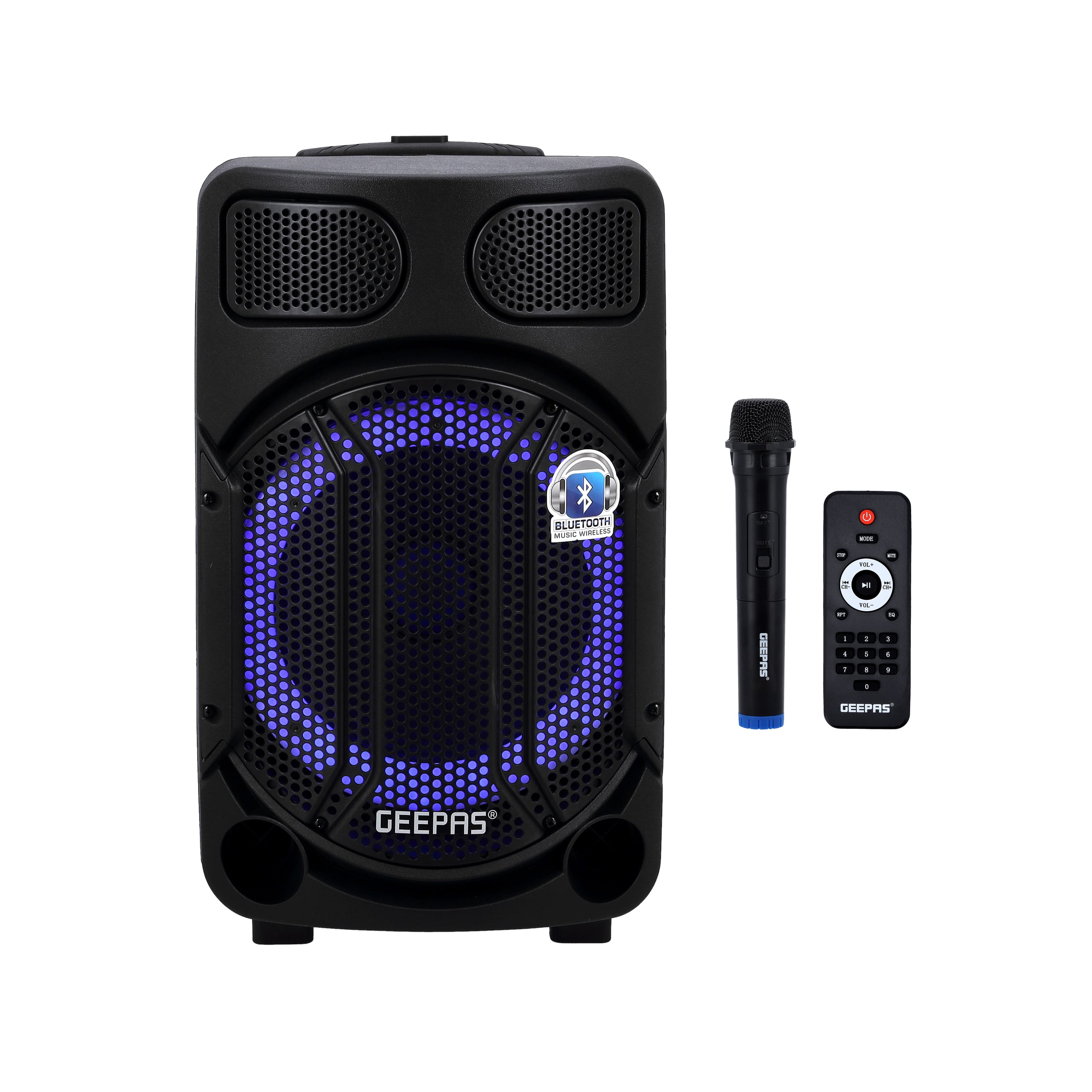 Geepas Portable And Rechargeable Speaker,GMS11167 | BT/FM/USB/SD Card/ TWS | Remote Control | LED Disco Light | Wireless Microphone & AUX Input | 7.4V/1800mAh Lithium Battery