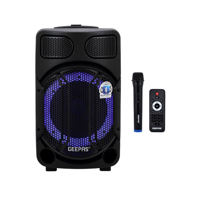 Geepas Portable And Rechargeable Speaker,GMS11167 | BT/FM/USB/SD Card/ TWS | Remote Control | LED Disco Light | Wireless Microphone & AUX Input | 7.4V/1800mAh Lithium Battery - 296974