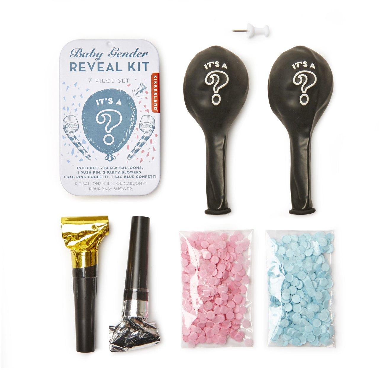 Kikkerland Baby Gender Reveal Kit - Perfect Accompaniment for Baby Shower Party, comes w/ Blue and Pink Confetti + Balloons and Noise Maker