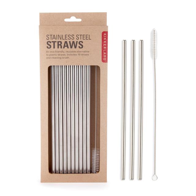 Kikkerland Stainless Steel Straws - Eco Friendly Washable and Reusable Straws, Chemical-Free and BPA-Free, with 1x Brush Cleaner - Set of 10