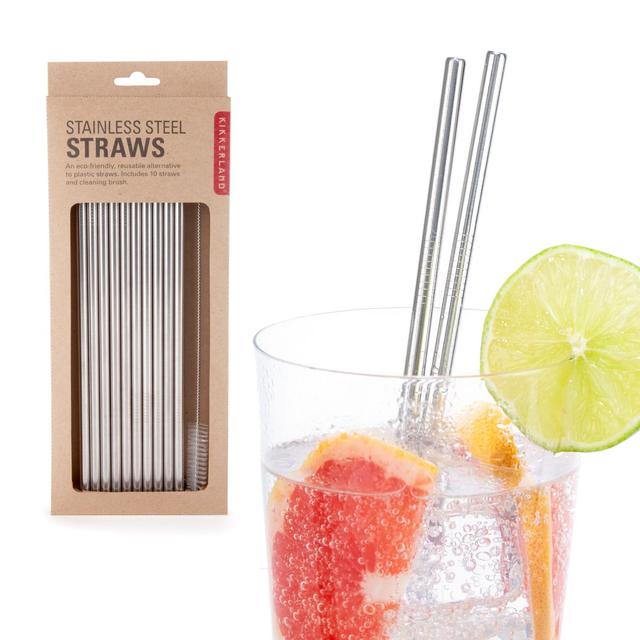 Kikkerland Stainless Steel Straws - Eco Friendly Washable and Reusable Straws, Chemical-Free and BPA-Free, with 1x Brush Cleaner - Set of 10