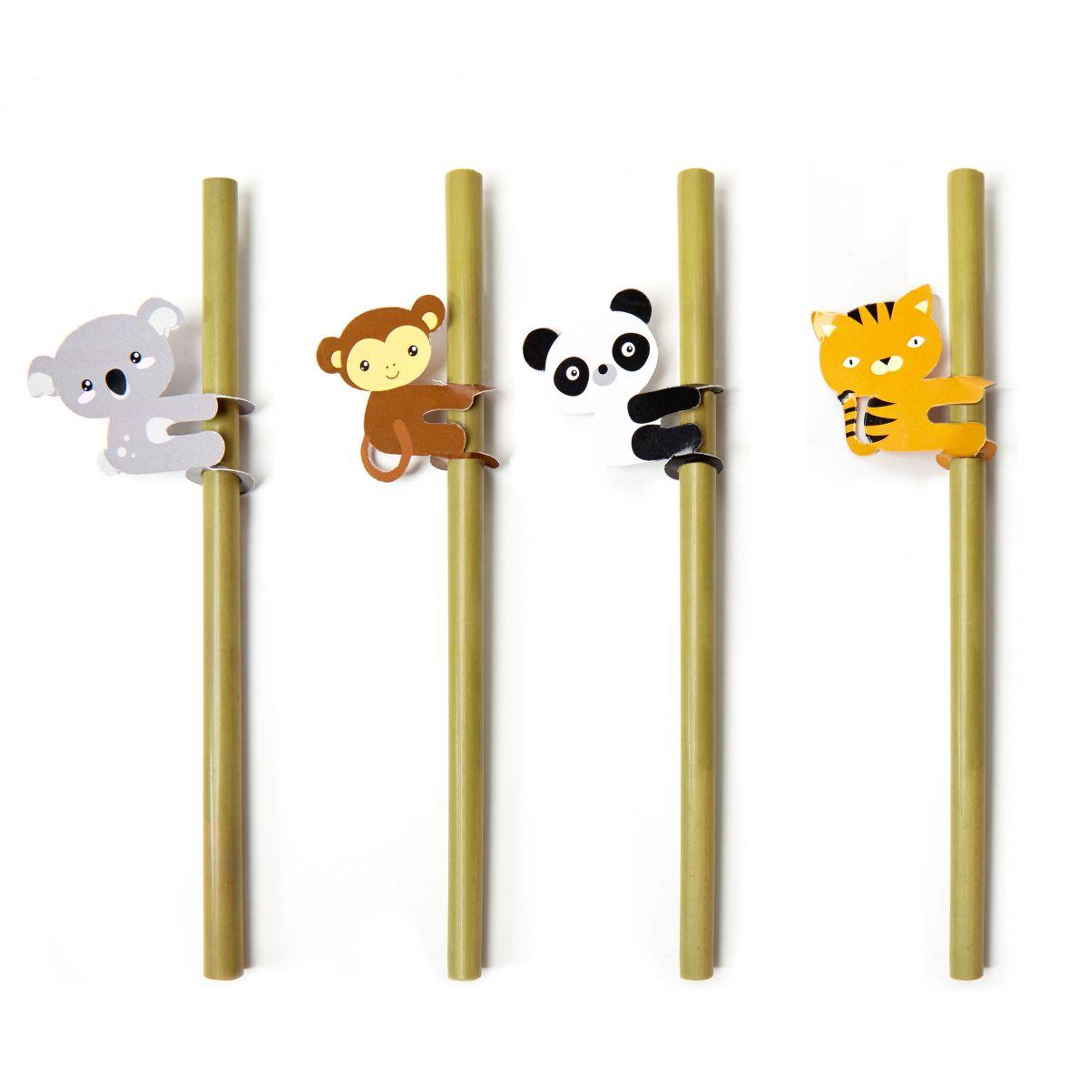 Kikkerland Wooden Animal Bamboo Straws - Organic Eco Friendly Washable and Reusable Straws, Chemical-Free and BPA-Free, with 1x Brush Cleaner - Set of 4