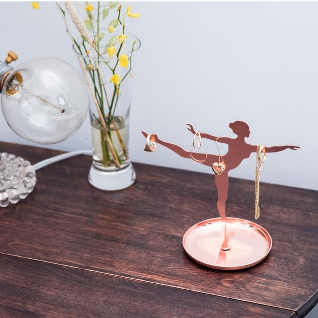Kikkerland Ballerina Jewelry Stand - Desktop Jewelry Organizer with Dish Base for Bracelets, Rings, Earrings, & Keepsakes, Copper Made - Rose Gold