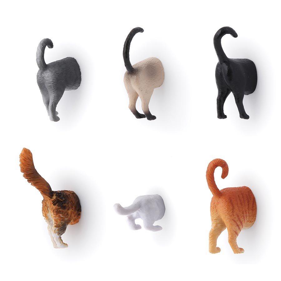 Kikkerland Cat Butt Magnet - Feline Design Magnetic Organizer, Use in Fridge, Office, Garage, 6 Different Tails, Great for Gifting, - Set of 6