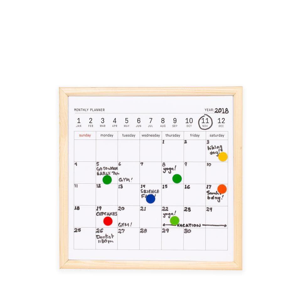 Kikkerland Mini White Board Calendar - Monthly Board Calendar with Lines and Days, Includes Dry Erase Marker & Magnetic Color Coding Buttons, Integrated Kickstand & Hook for Table or Wall Display